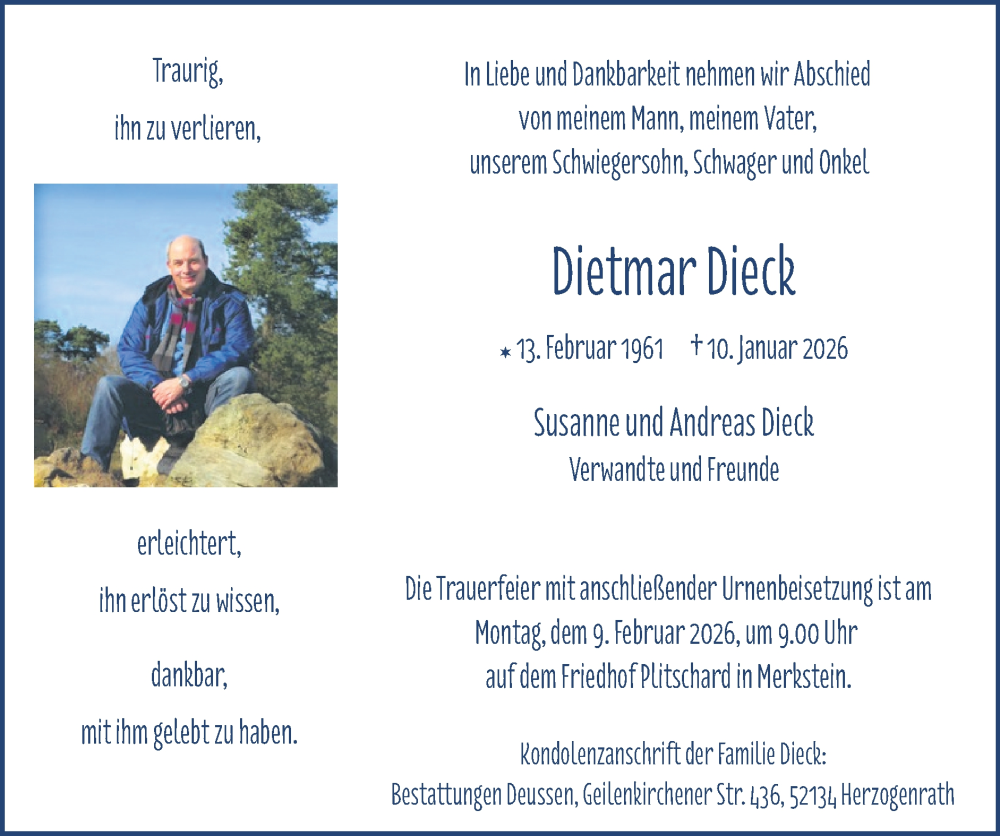  Traueranzeige für Dietmar Dieck vom 25.01.2026 aus Zeitung am Sonntag