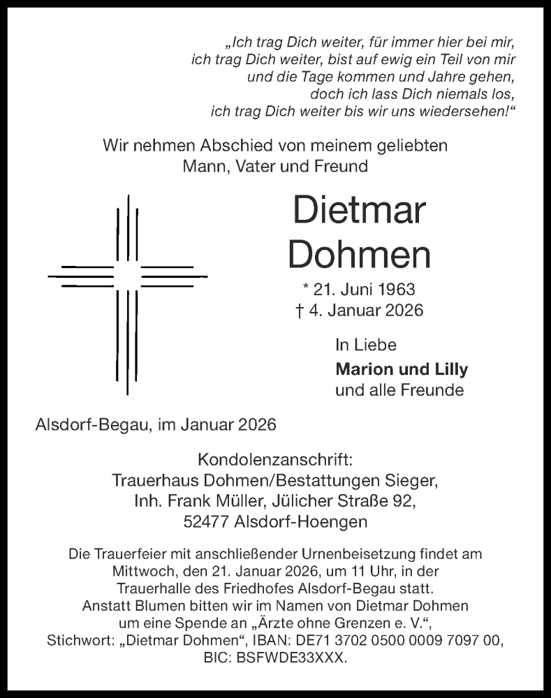  Traueranzeige für Dietmar Dohmen vom 18.01.2026 aus Zeitung am Sonntag