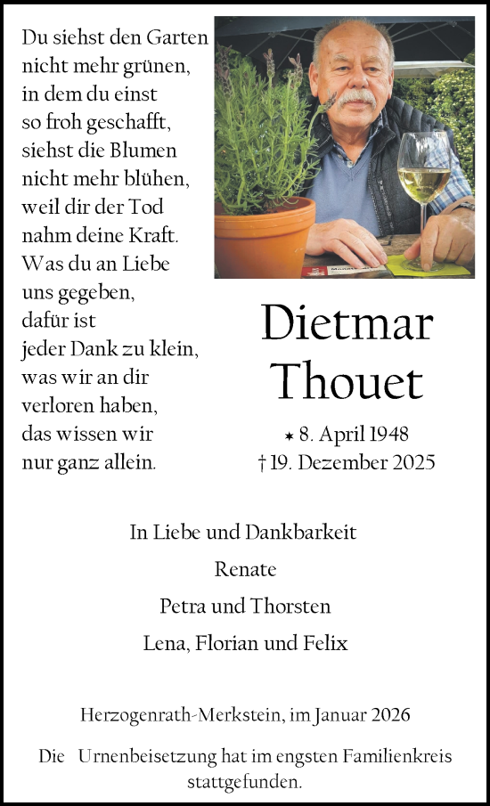 Traueranzeige von Dietmar Thouet von Zeitung am Sonntag