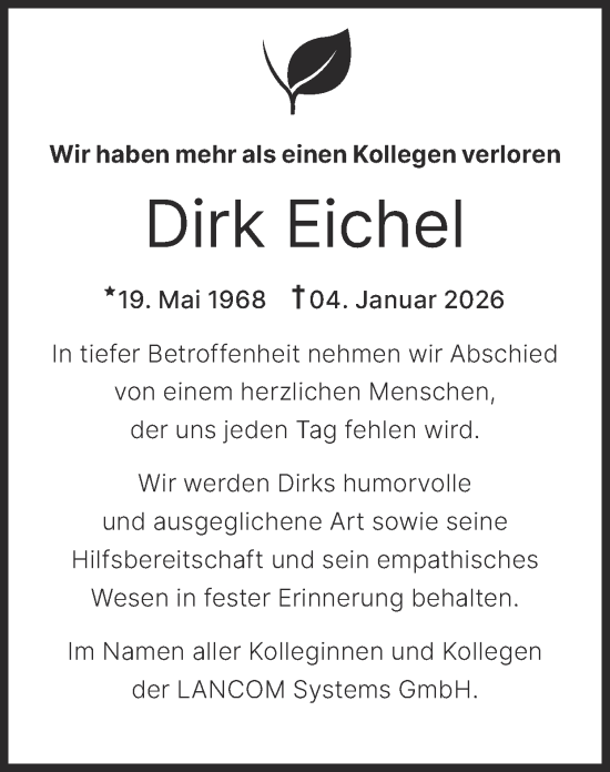 Traueranzeige von Dirk Eichel von Zeitung am Sonntag