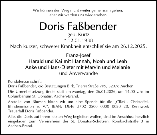 Traueranzeige von Doris Faßbender von Aachener Zeitung