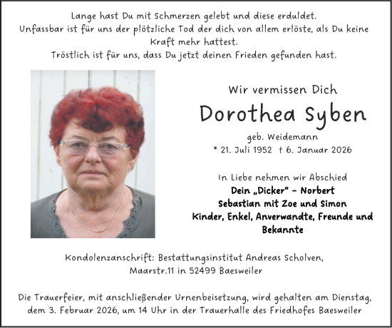 Traueranzeige von Dorothea Syben von Zeitung am Sonntag