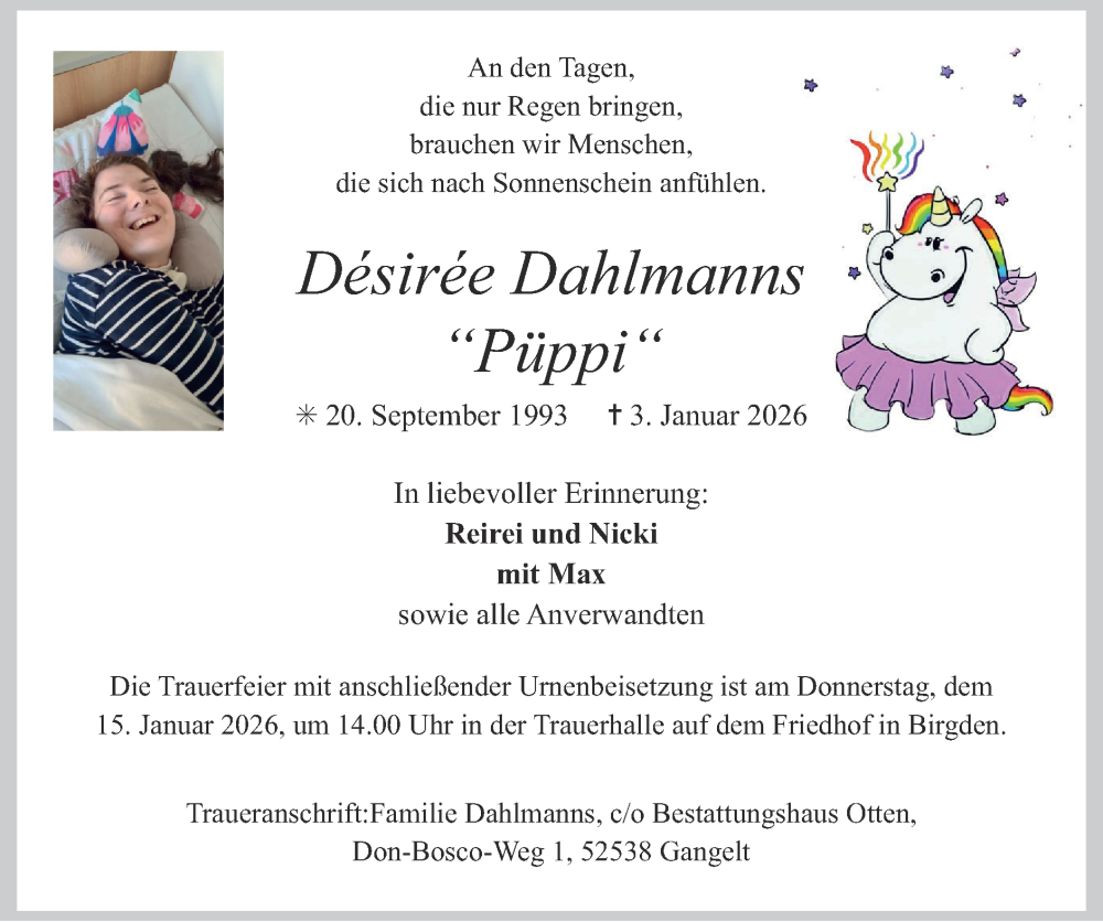  Traueranzeige für Désirée Dahlmanns vom 11.01.2026 aus Zeitung am Sonntag
