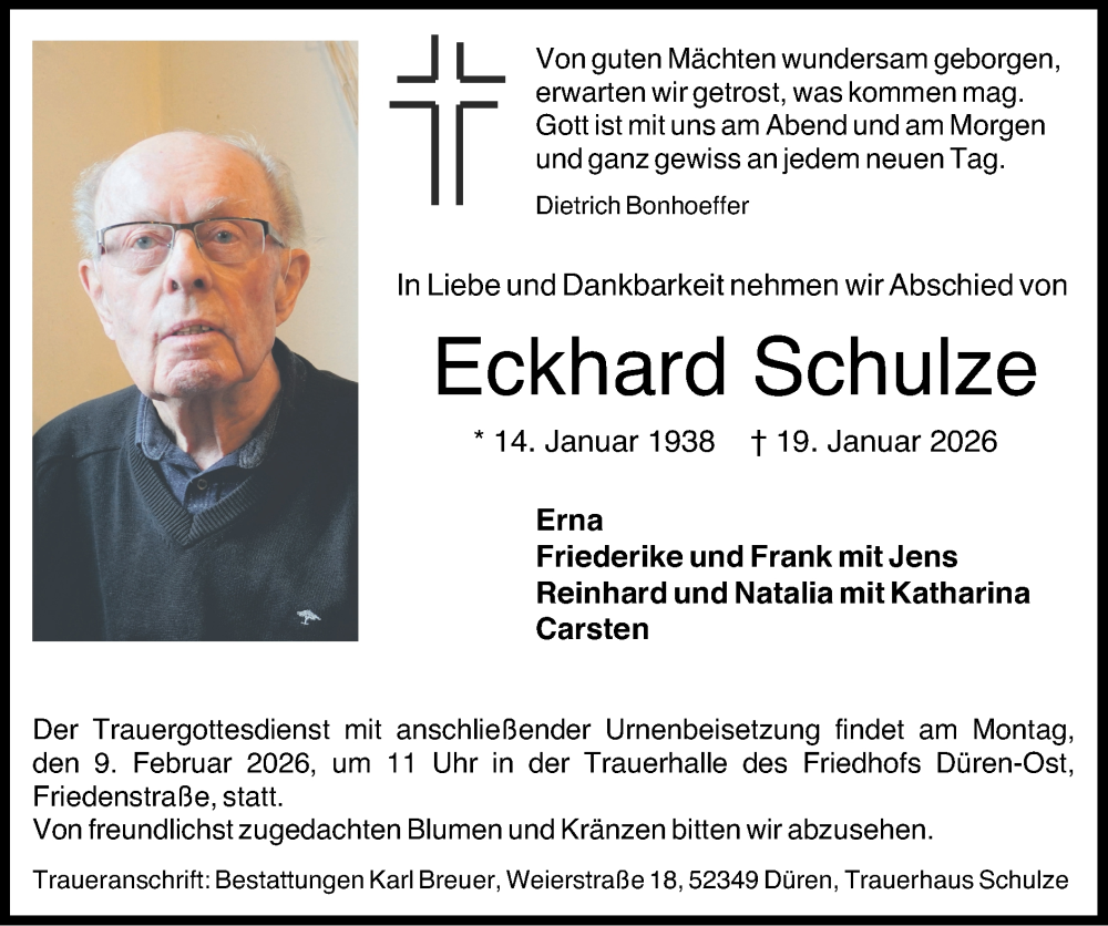  Traueranzeige für Eckhard Schulze vom 01.02.2026 aus Zeitung am Sonntag