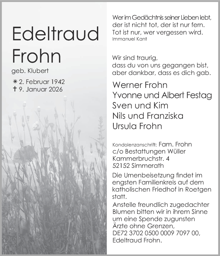  Traueranzeige für Edeltraud Frohn vom 17.01.2026 aus Aachener Zeitung