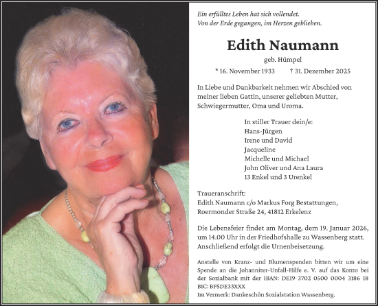 Traueranzeige von Edith Naumann von Zeitung am Sonntag