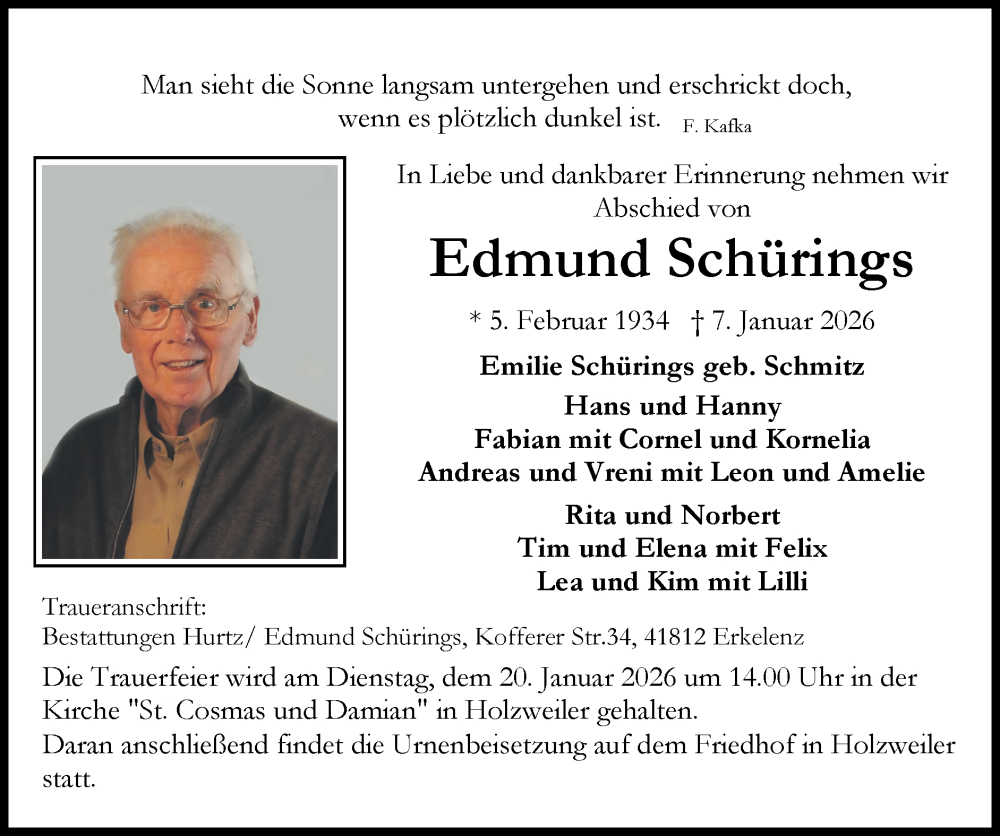  Traueranzeige für Edmund Schürings vom 18.01.2026 aus Zeitung am Sonntag