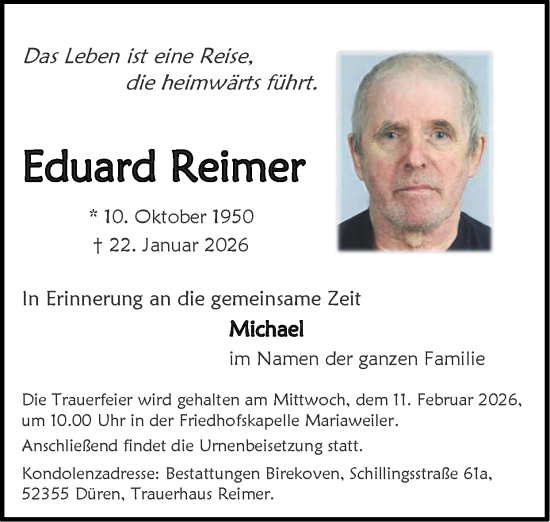 Traueranzeige von Eduard Reimer von Zeitung am Sonntag