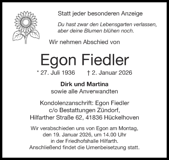 Traueranzeige von Egon Fiedler von Zeitung am Sonntag