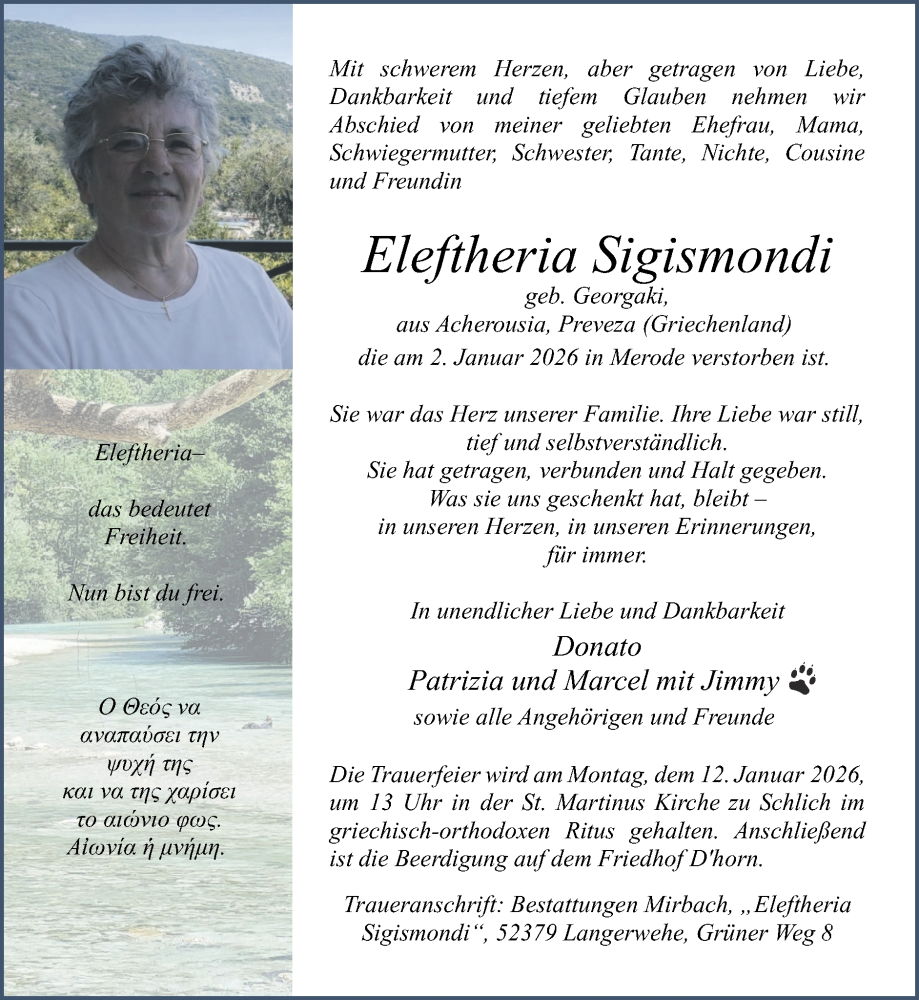  Traueranzeige für Eleftheria Sigismondi vom 11.01.2026 aus Zeitung am Sonntag