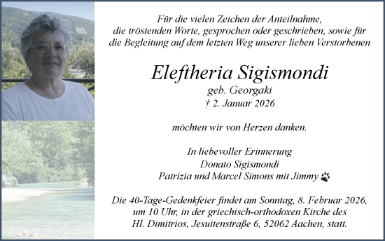 Traueranzeige von Eleftheria Sigismondi von Zeitung am Sonntag
