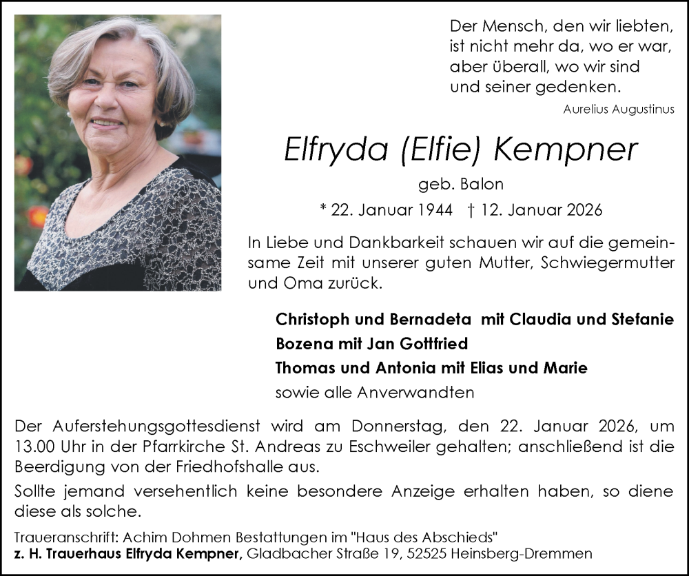  Traueranzeige für Elfryda Kempner vom 18.01.2026 aus Zeitung am Sonntag