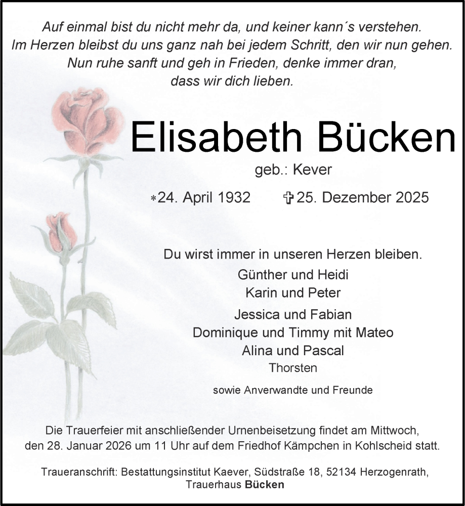  Traueranzeige für Elisabeth Bücken vom 25.01.2026 aus Zeitung am Sonntag