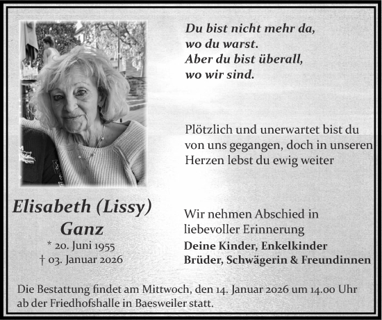 Traueranzeige von Elisabeth Ganz von Zeitung am Sonntag