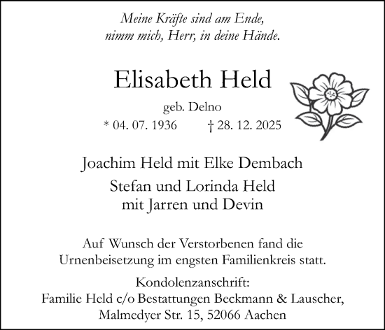 Traueranzeige von Elisabeth Held von Aachener Zeitung