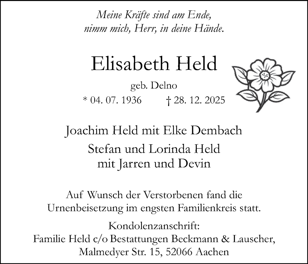  Traueranzeige für Elisabeth Held vom 31.01.2026 aus Aachener Zeitung
