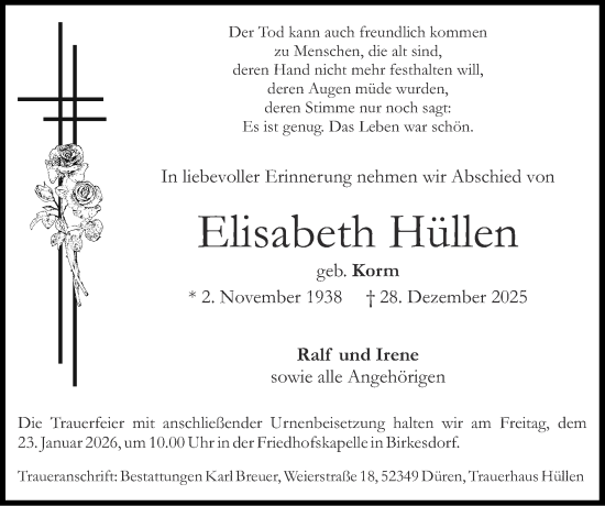 Traueranzeige von Elisabeth Hüllen von Zeitung am Sonntag