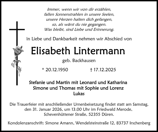 Traueranzeige von Elisabeth Lintermann von Zeitung am Sonntag