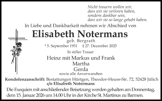Traueranzeige von Elisabeth Notermans von Zeitung am Sonntag
