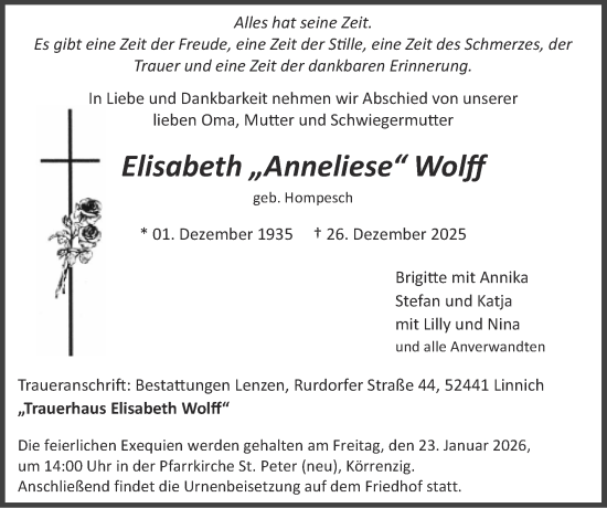Traueranzeige von Elisabeth Wolff von Zeitung am Sonntag