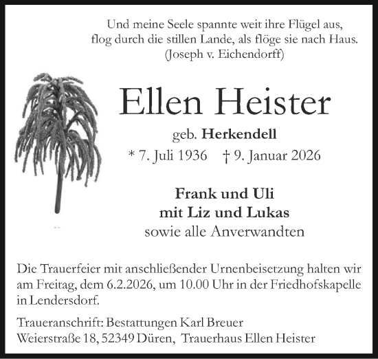 Traueranzeige von Ellen Heister von Zeitung am Sonntag