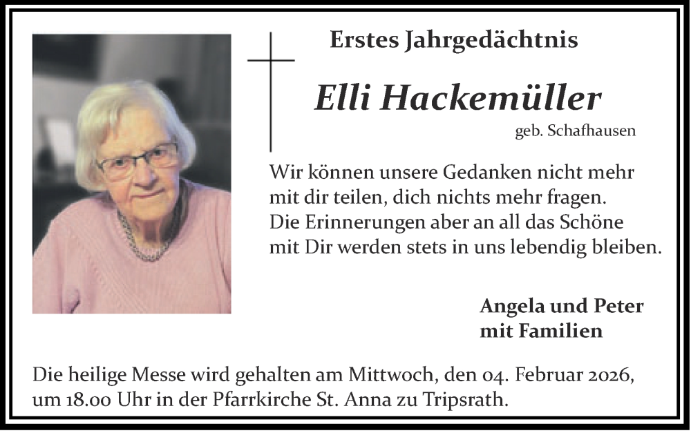 Traueranzeige für Elli Hackemüller vom 25.01.2026 aus Zeitung am Sonntag