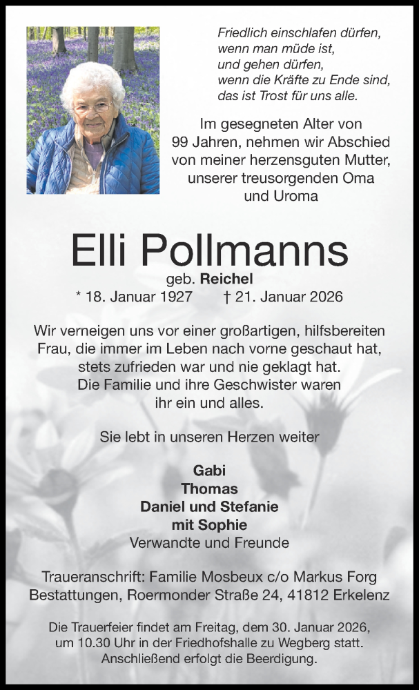  Traueranzeige für Elli Pollmanns vom 25.01.2026 aus Zeitung am Sonntag