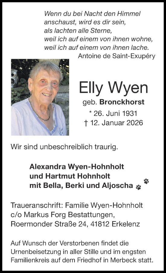 Traueranzeige von Elly Wyen von Zeitung am Sonntag