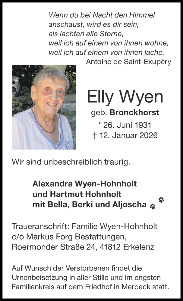  Traueranzeige für Elly Wyen vom 01.02.2026 aus Zeitung am Sonntag