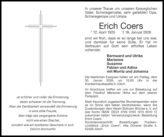 Traueranzeige von Erich Coers von Zeitung am Sonntag