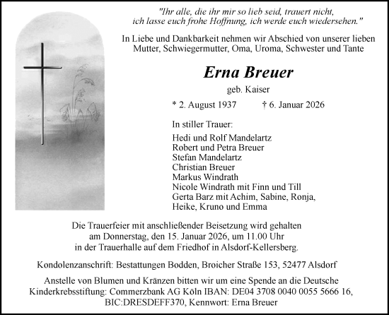 Traueranzeige von Erna Breuer von Zeitung am Sonntag