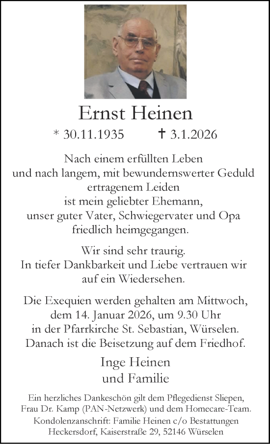 Traueranzeige von Ernst Heinen von Zeitung am Sonntag