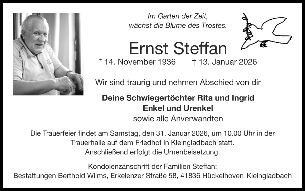  Traueranzeige für Ernst Steffan vom 18.01.2026 aus Zeitung am Sonntag