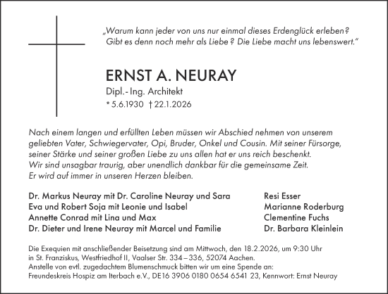 Traueranzeige von Ernst A. Neuray von Aachener Zeitung