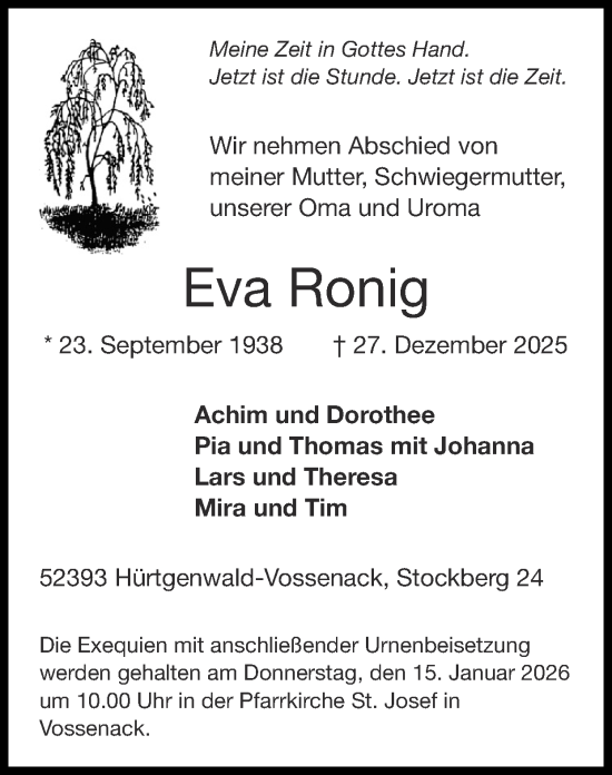 Traueranzeige von Eva Ronig von Zeitung am Sonntag