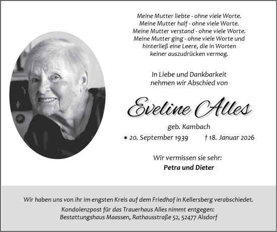 Traueranzeige von Eveline Alles von Zeitung am Sonntag