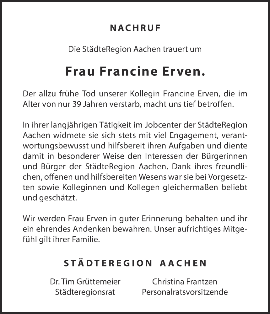  Traueranzeige für Francine Erven vom 10.01.2026 aus Aachener Zeitung