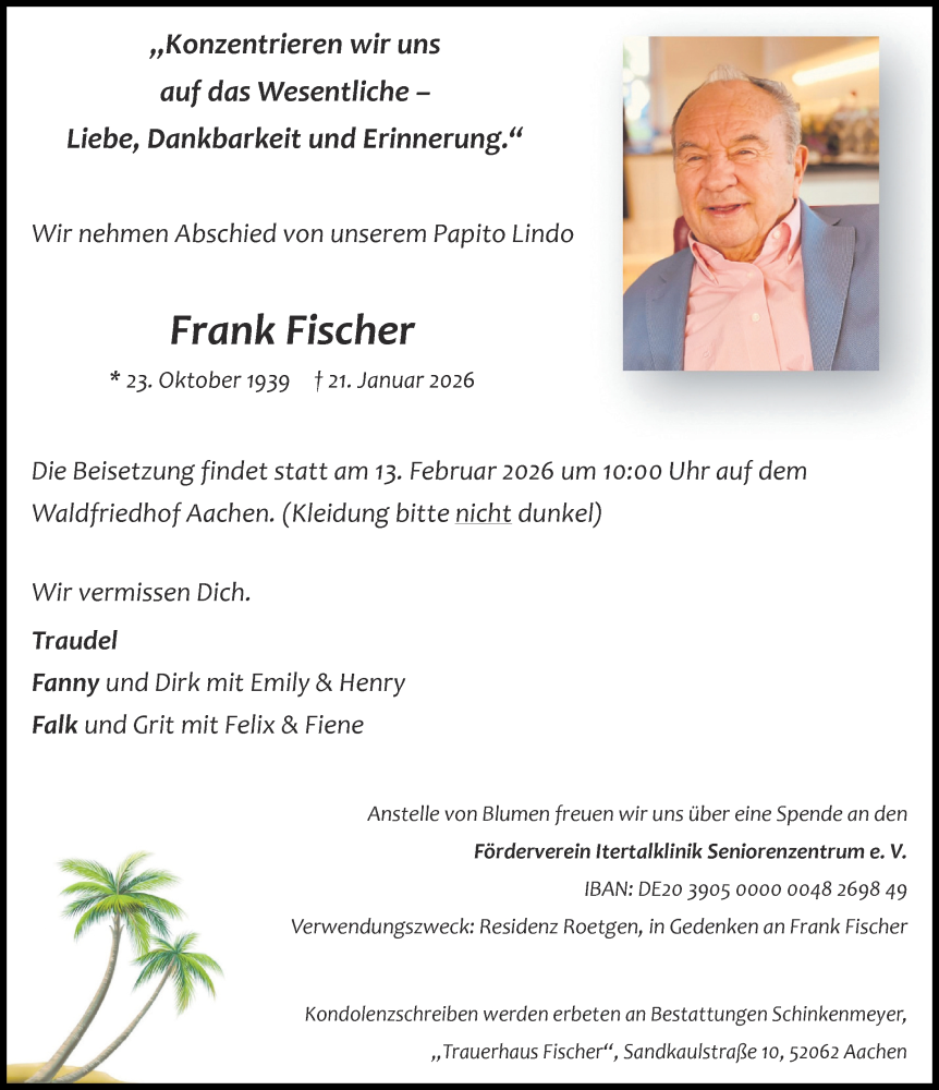  Traueranzeige für Frank Fischer vom 24.01.2026 aus Aachener Zeitung