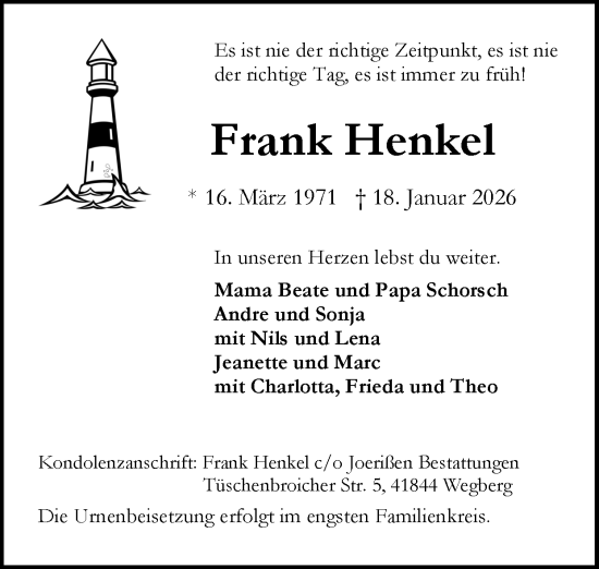 Traueranzeige von Frank Henkel von Zeitung am Sonntag