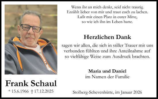 Traueranzeige von Frank Schaul von Zeitung am Sonntag