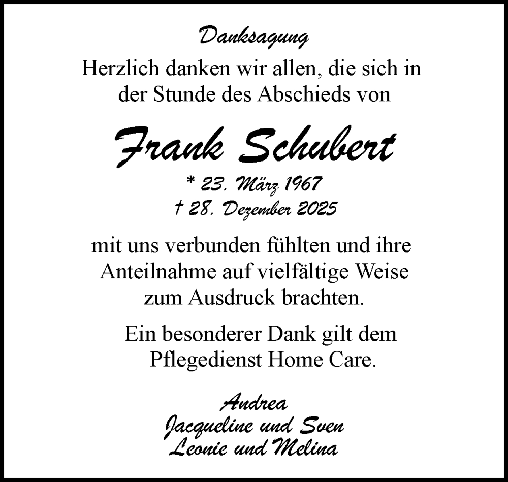  Traueranzeige für Frank Schubert vom 25.01.2026 aus Zeitung am Sonntag