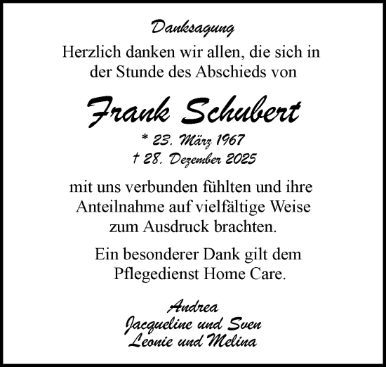 Traueranzeige von Frank Schubert von Zeitung am Sonntag