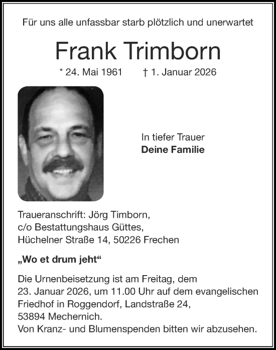 Traueranzeige von Frank Trimborn von Zeitung am Sonntag