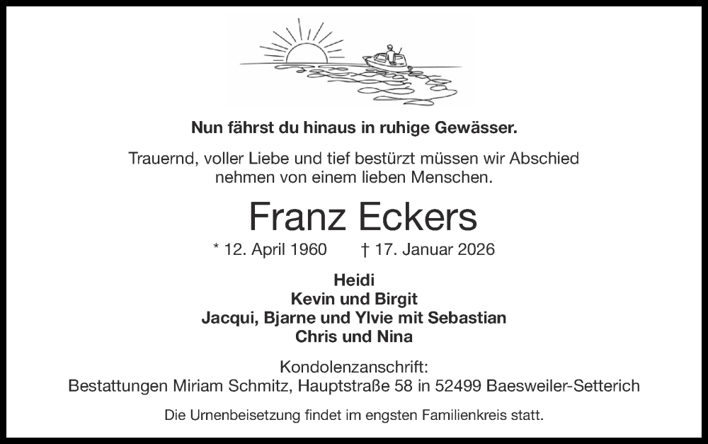  Traueranzeige für Franz Eckers vom 01.02.2026 aus Zeitung am Sonntag