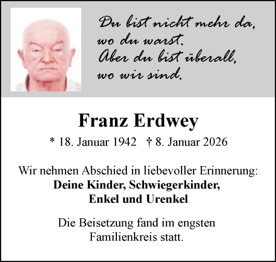 Traueranzeige von Franz Erdwey von Zeitung am Sonntag