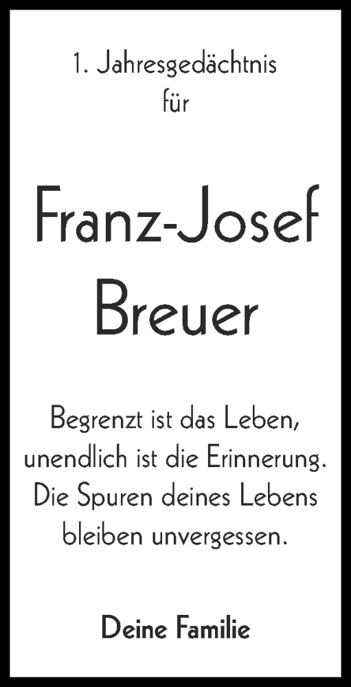  Traueranzeige für Franz-Josef Breuer vom 25.01.2026 aus Zeitung am Sonntag
