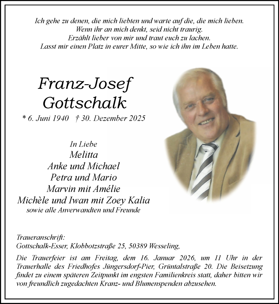  Traueranzeige für Franz-Josef Gottschalk vom 11.01.2026 aus Zeitung am Sonntag