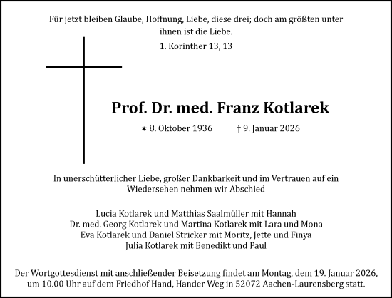 Traueranzeige von Franz Kotlarek von Aachener Zeitung