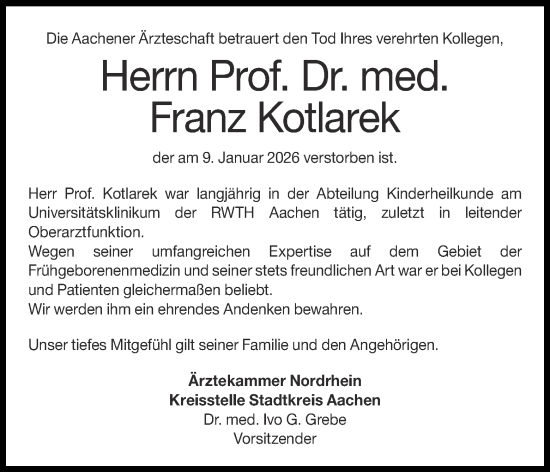 Traueranzeige von Franz Kotlarek von Aachener Zeitung