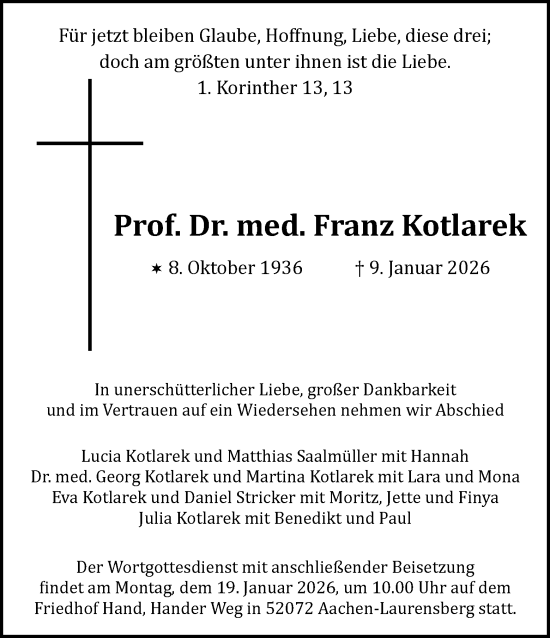 Traueranzeige von Franz Kotlarek von Aachener Zeitung